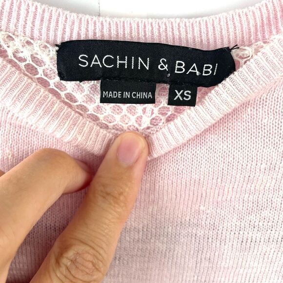 Sachin + Babi Pink Linen Short Sleeve Sweater w/ Mesh Patterned Back Size XS - Picture 4 of 7